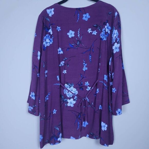 J Jill Womens Floral Button Front Top Size Large Purple Tie Back Career Office - Picture 2 of 8